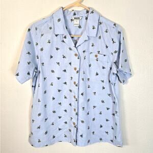 Duluth Trading Organic Cotton Blend Blouse Women's S Blue Bees Summer Wardrobe